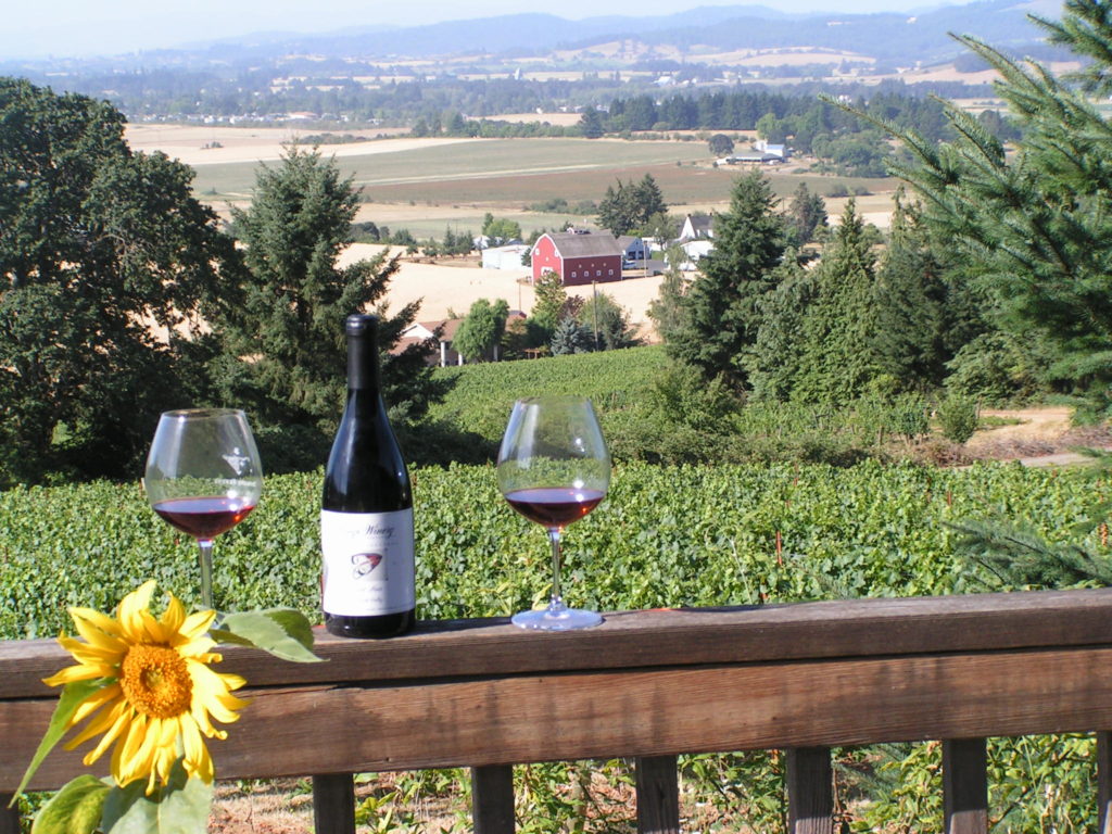 The view from the deck at Yamhill Vineyards B&B. The deck railing is visible with the vineyard beyond. There is a bottle of wine and two glasses on the rail.