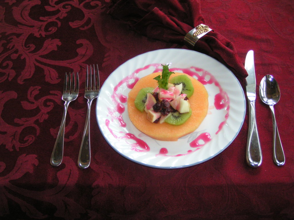 Willamette Valley Pinot Noir is used in Cantaloupe ring stuffed with fruit and drizzled with Pinot Noir jelly.