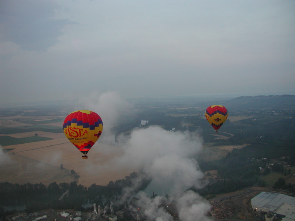 Two Vista Balloon Adventure hot air balloons aloft over Newberg